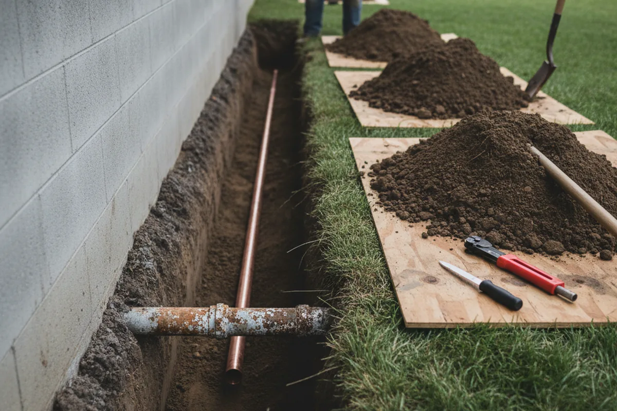 Excavated water line trench during Water Softener Installation in Valhalla